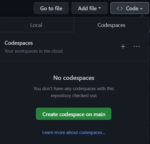 A screenshot of the same code button wizard but this time at the codespaces tab. No codespaces at the moment and the option to create codespace on main is available